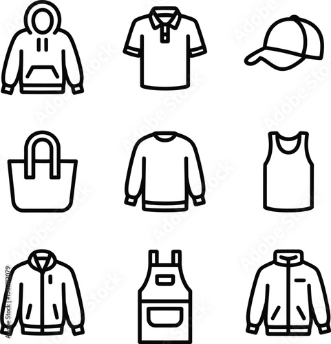 Clothing variety outline icons, apparel grid featuring modern wardrobe essentials like hoodies, caps, and shirts in clean line style for fashion apps and websites.