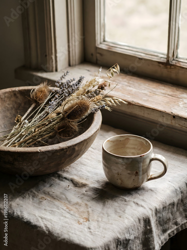 Rustic Still Life: Weathered Wooden Bowl, Dried Flowers, and Ceramic Mug by a Window