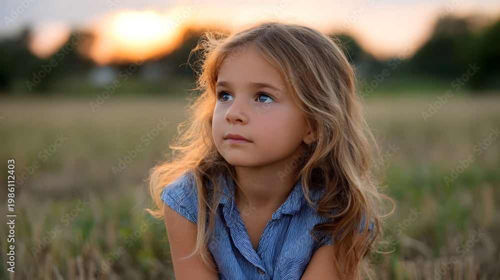 Naklejka premium A young girl stands in a sunlit field at dusk looking thoughtfully toward the glowing horizon