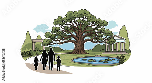 Family walks through a park with a large tree and pond