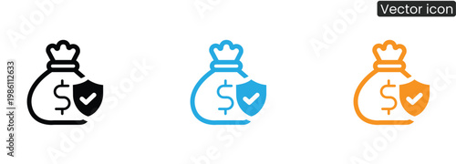 Secure money bag icon with shield on white background in three colors