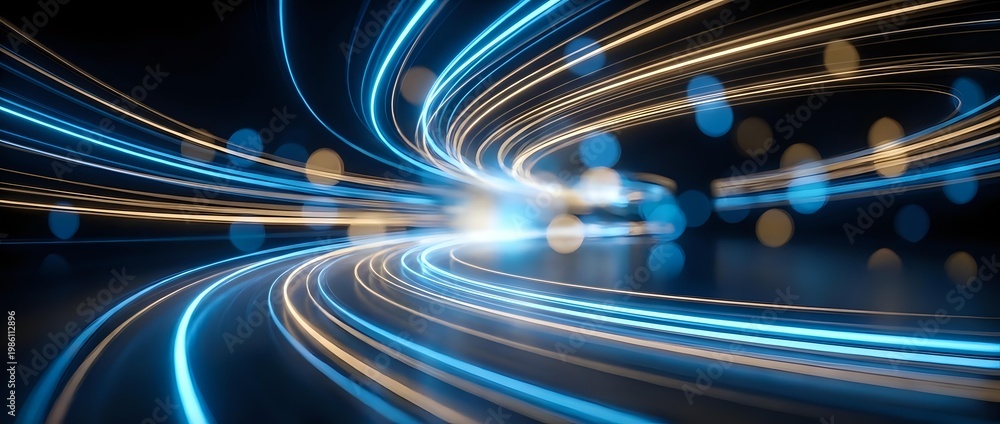 Fototapeta premium Dynamic light trails creating swirling motion patterns with blue and orange glowing streaks on dark background for technology and speed concepts.
