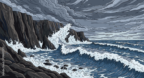 Crashing waves against dark cliffs under a stormy, grey sky