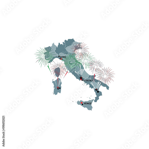 Fireworks explode over major cities on a map of Italy celebrating a festive event