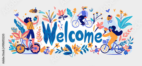 This delightful scene welcomes you with an illustration of people on bicycles surrounded by vibrant flora, embodying a sense of community and joyful welcome