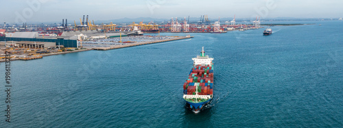 Aerial view of cargo ships departing from port, supporting global import, export, logistics, and maritime transportation across international shipping routes.