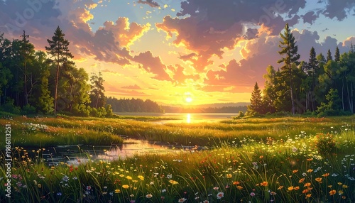 A serene landscape with a sunset over a field and trees