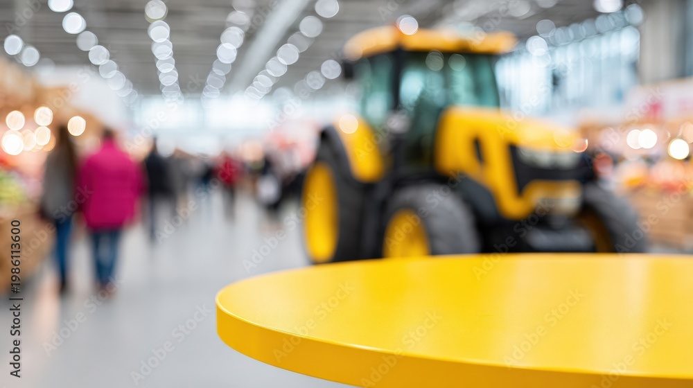 Fototapeta premium Yellow round table positioned in busy trade show hall indoor