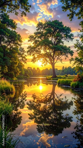 A serene landscape with a tree by a body of water at sunset