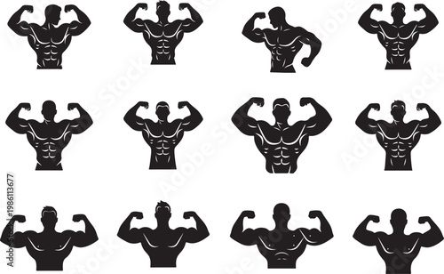 A powerful muscular man displays his physique with flexed biceps showcasing strength and fitness a striking silhouette. Powerful muscular man vector illustration.