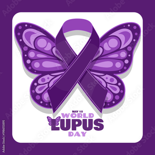World Lupus Day awareness illustration featuring a purple butterfly and advocacy ribbon for autoimmune health support on May 10th.