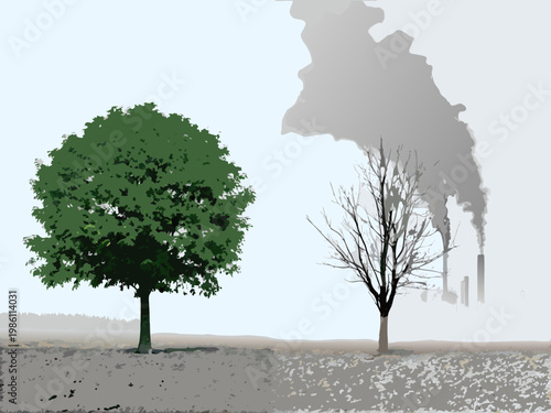 Contrasting trees show environmental impact near industrial smoke stacks