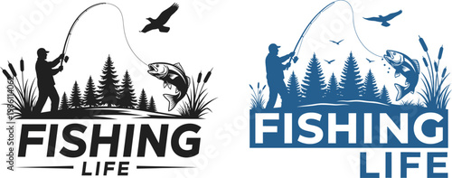 Fathers day gift ideas fishing lover's design with silhouette of angler fish and nature elements
