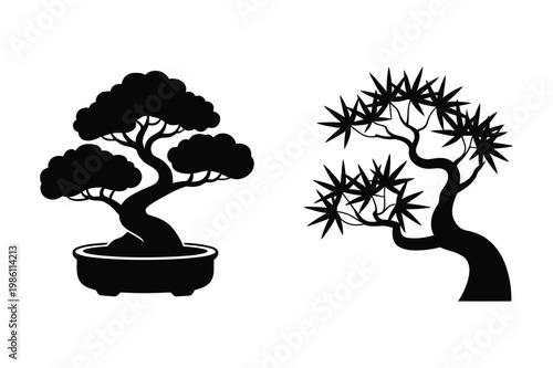 Stylized bonsai trees silhouettes vector illustration set with cultivation