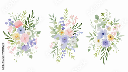 Watercolor floral arrangements with delicate blooms and lush green foliage