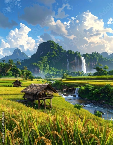 A serene landscape with a hut, stream, and waterfall