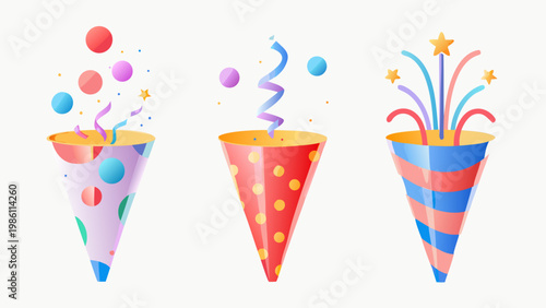 Colorful party poppers with confetti and sparks in a festive arrangement