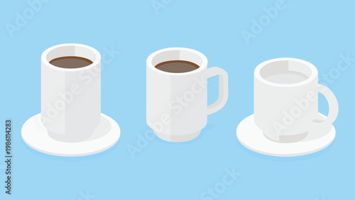 Isometric illustration of three white cups with coffee varying fill levels