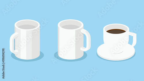 Isometric view of three white mugs two empty and one filled