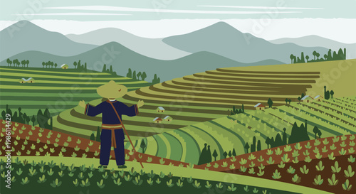 Farmer in conical hat gestures towards lush, tiered fields and distant mountains