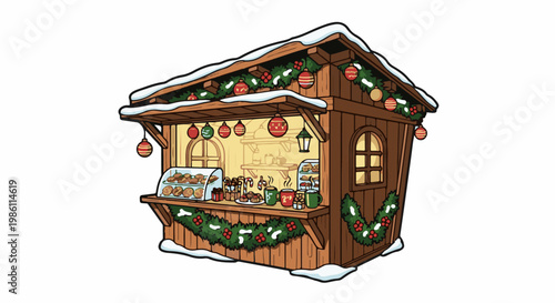 Cozy winter market stall adorned with festive garlands and warm drinks