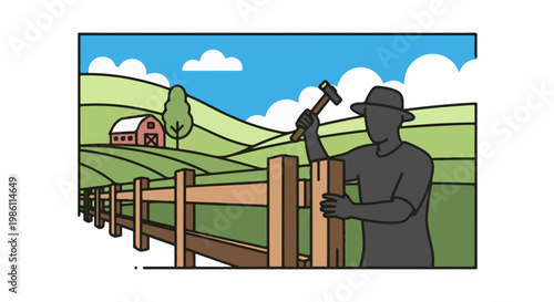 Farmer repairs wooden fence with hammer on grassy rolling hills with barn