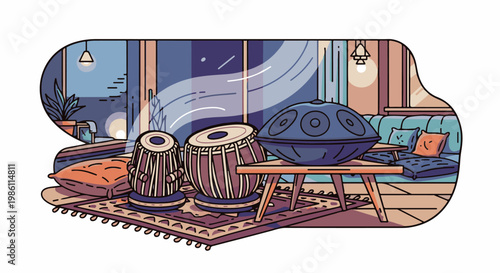 Cozy room with musical instruments, pillows and large window