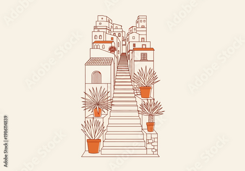 Minimalist Mediterranean Village Illustration with Steep Stairs and Potted Plants, Boho Line Art Architecture Poster