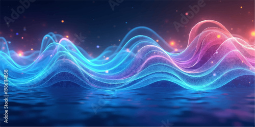 This artistic vector illustration features a blue abstract background with stars and flowing wave lines creating a motion design wallpaper pattern that resembles a colorful sea water texture