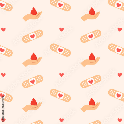 Healthcare Donation Seamless Pattern with Hand Blood Drop and Bandage Icons