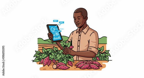 Farmer uses tablet in field with harvested sweet potatoes