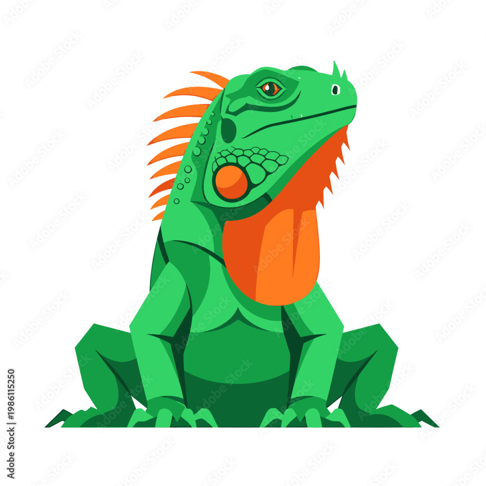 Fototapeta premium Illustration of a green iguana with orange spines and throat patch on a white background