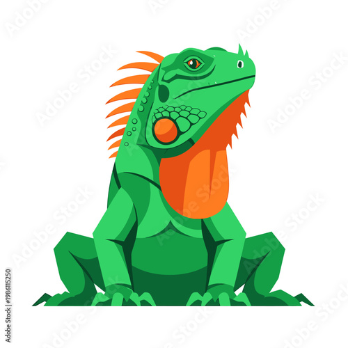Illustration of a green iguana with orange spines and throat patch on a white background