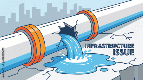 Infrastructure Issue: A visual representation of a significant infrastructure problem, showcasing a broken pipe that leaks water.