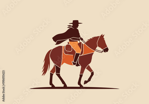 Minimalist Silhouette of a Cowboy or Gaucho Riding a Horse in Vintage Style - Wild West Equestrian Art
