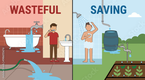 Wasteful vs. Saving: A visual depiction contrasting wasteful water usage with sustainable practices, highlighting the importance of conservation.