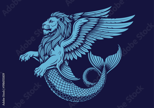 Mythical Winged Sea Lion Illustration - Blue Heraldic Chimera with Fish Tail and Bird Wings