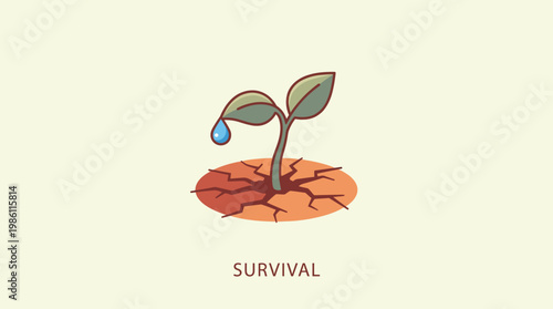 Life's Tender Sprouts: A symbolic illustration showcasing a tender sprout emerging from cracked earth with a water droplet, embodying the spirit of survival and new beginnings.