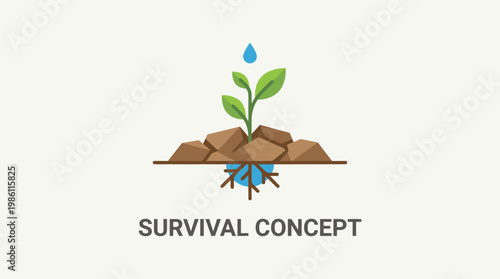 Survival Concept: A simple yet profound illustration of life's fundamental concept, showing a seed, nurtured by a drop of water, emerging from the soil. 