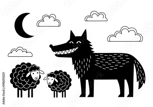 Minimalist black and white illustration of a wolf and sheep under a night sky with moon and clouds.