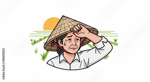 Farmer wipes sweat under conical hat in hot sun over rice field