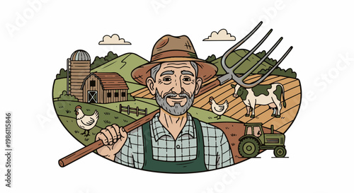 Farmer with pitchfork and farm scene featuring animals and buildings
