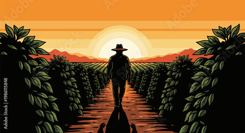 Farmer walking through a sunlit field at dusk