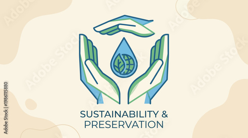 Sustainable Preservation: A graphic depicting a pair of hands cradling a water droplet adorned with a leaf and globe, conveying concepts of eco-consciousness and safeguarding our world