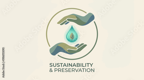 Sustainability and Preservation Symbol: Conceptual graphic conveying the essence of sustainability and preservation, showcasing hands cradling a droplet and a leaf within.