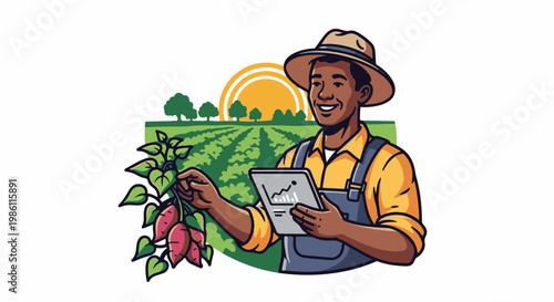 Farmer with tablet inspecting crops at sunrise
