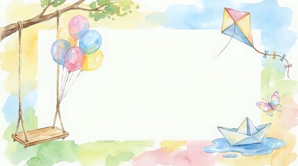 Watercolor spring frame with swing, balloons, kite and paper boat. Pastel border design for children events, invitations and greeting cards.