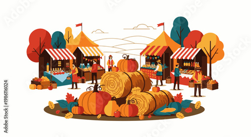 Festive autumn market stalls with people, pumpkins, hay bales, and colorful trees