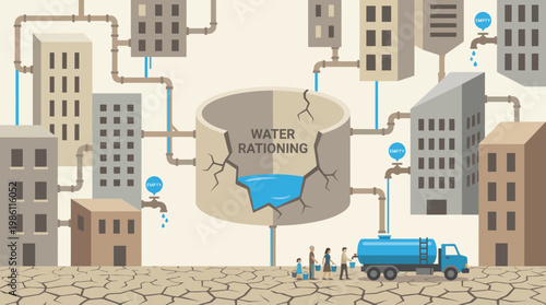 Water Rationing in Urban Landscape: Illustration depicting water scarcity, with cracked earth, a damaged water tank, and buildings connected by pipes.