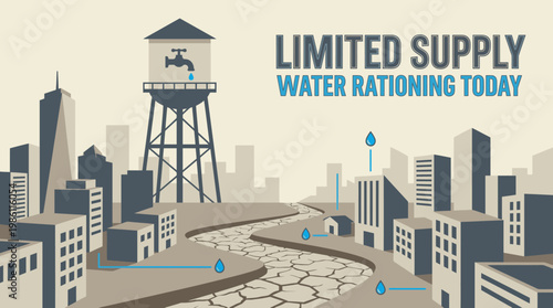 Water Scarcity: Visual representation of a city affected by water rationing, highlighting the critical issue of limited water supply and the need for conservation measures.